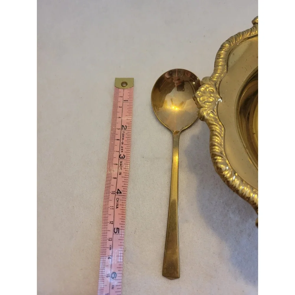 VTG Footed Serving Bowl and Ladle Set 7in Gold Tone‎ Ornate Scalloped Floral